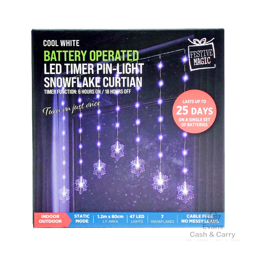 Cool White Battery operated LED timer pin-light snowflake curtain