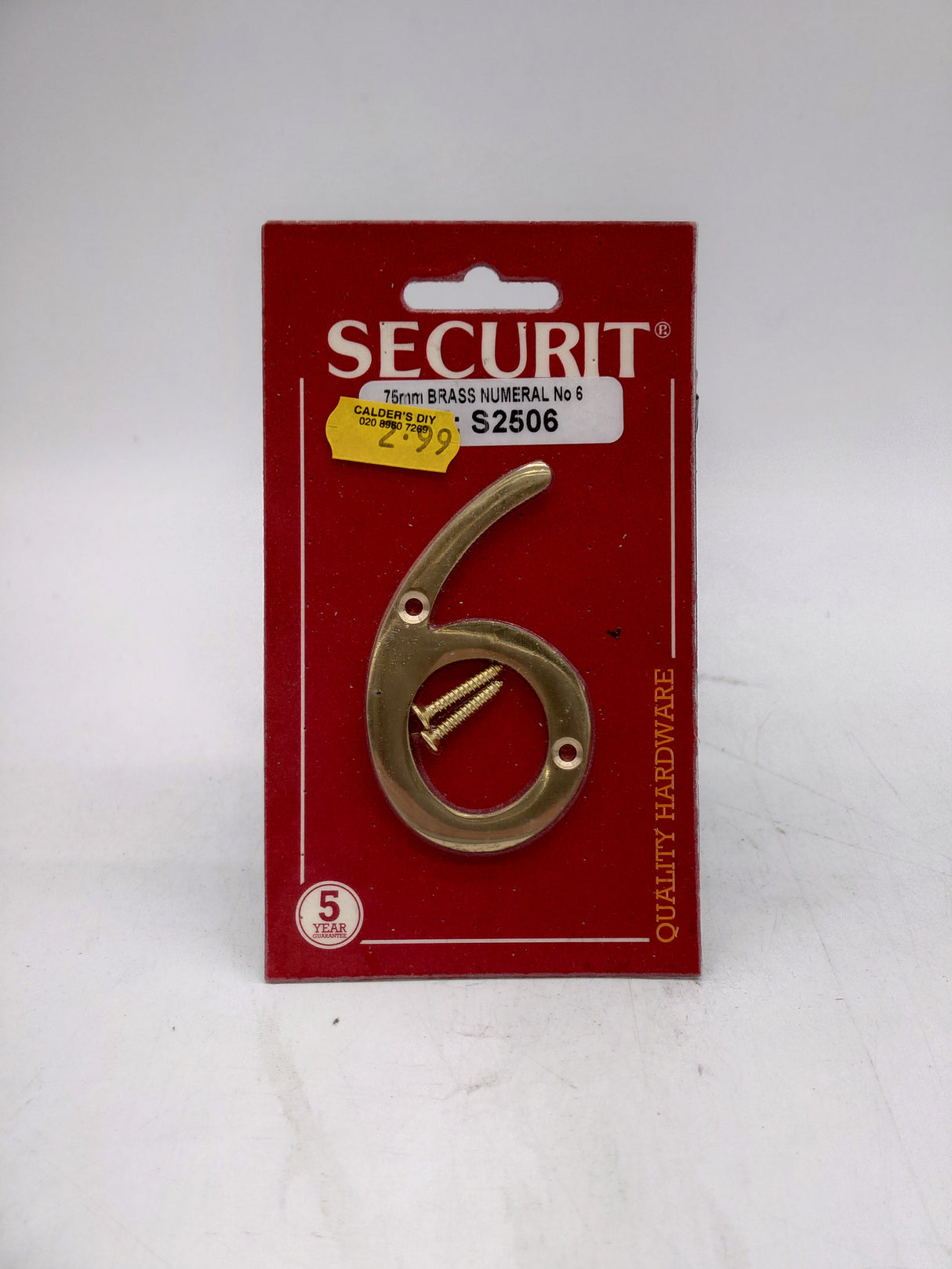 Securit house number 6 - brass (75mm)