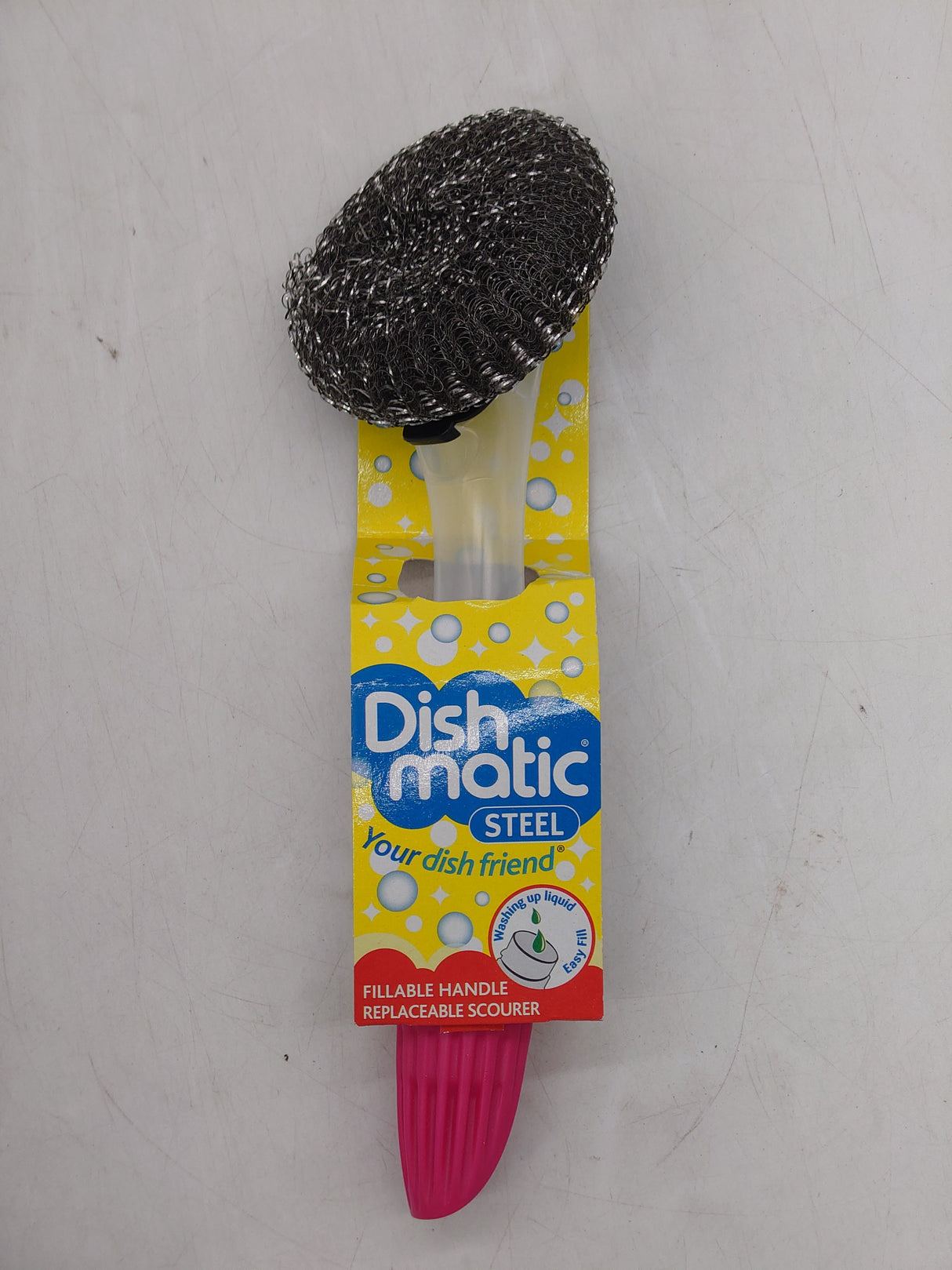 Dishmatic refillable dish scourer with handle