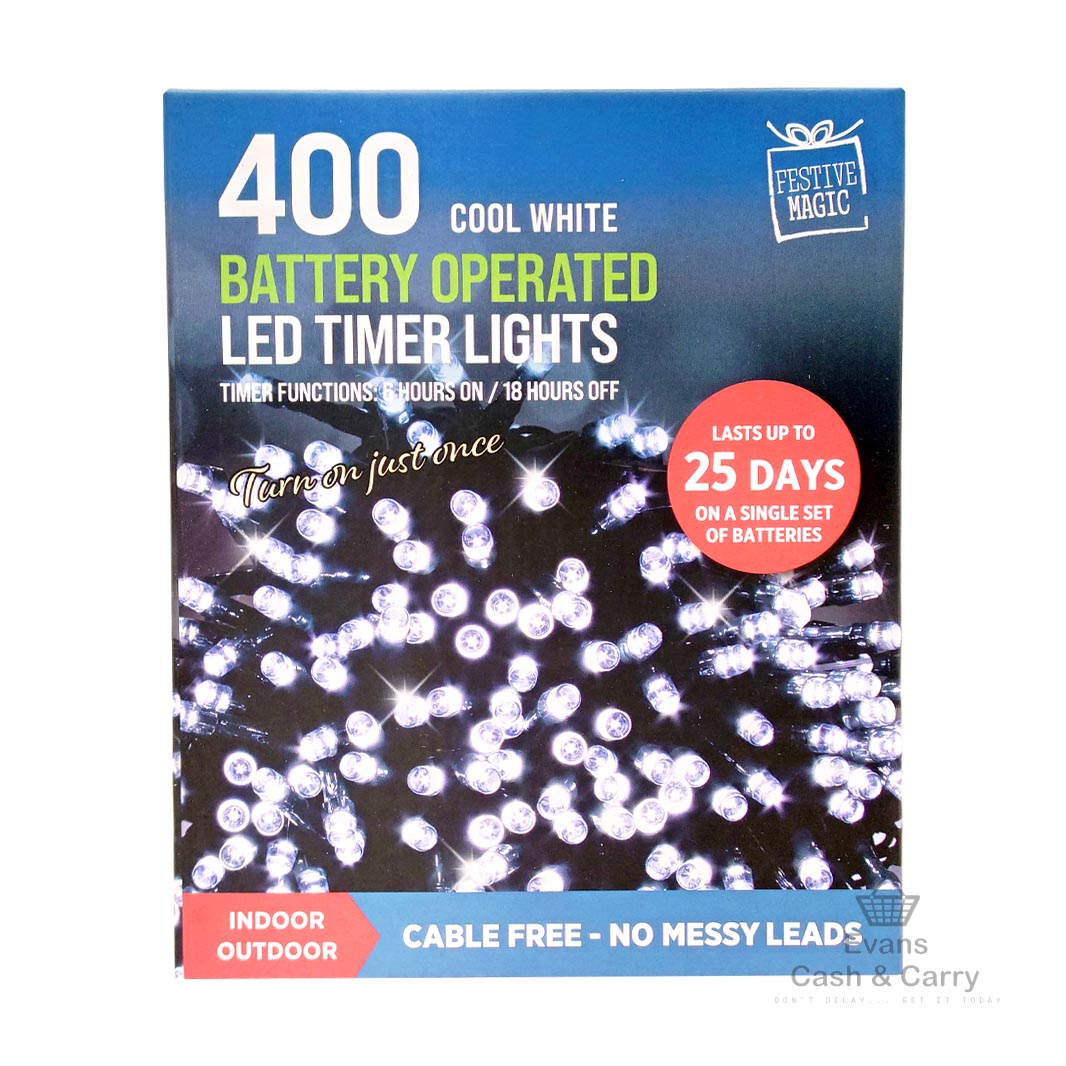 400 Cool White Battery Operated LED Timer Lights