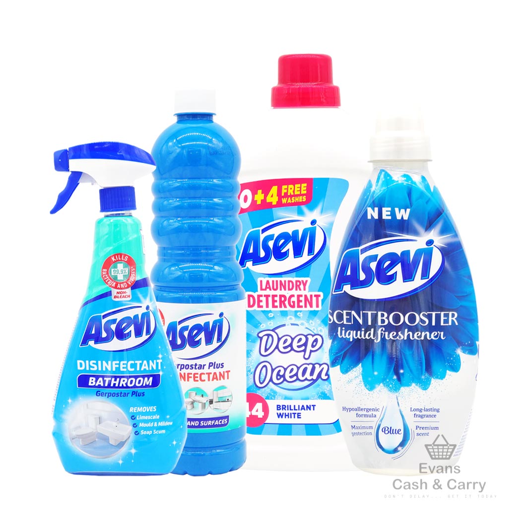 Asevi Blue Bundle - (Bathroom Disinfectant Spray (720ml) / Gerpostar Plus Floor & Surfaces Disinfectant (1L) / Blue Scent Booster (720ml) / Deep Ocean 44 wash (2.4L))