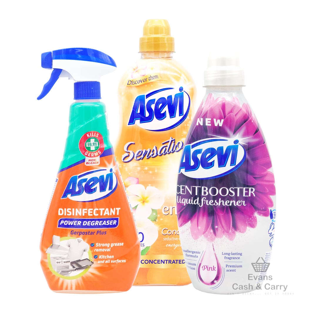 Asevi Cleaning Bundle 4 - (Disinfectant Power Degreaser (750ml) / Pink Scent Booster (720ml) / Sensations Energy Fabric Conditioner (1320ml))