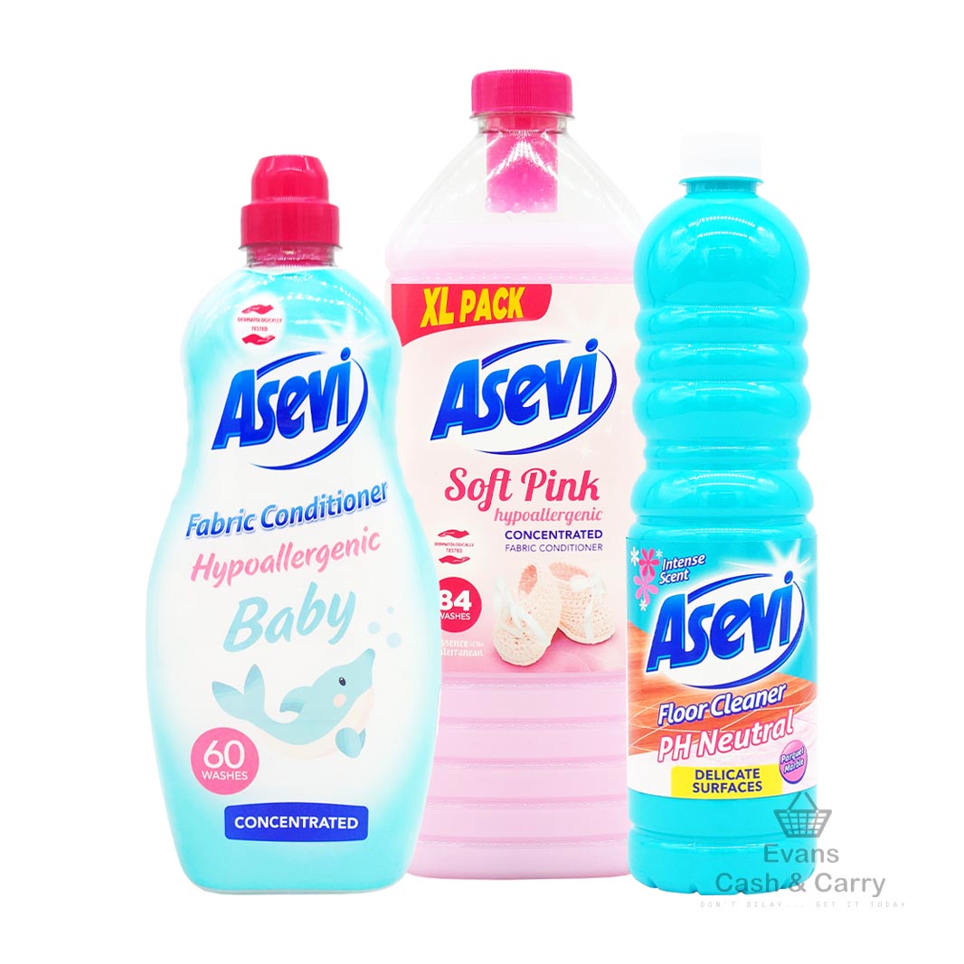 Asevi Sensitive Bundle - (Fabric Softener Hypoallergenic Baby 60 wash (1.38L), Concentrated Floor Cleaner - PH Neutral (1L), Concentrated Fabric Conditioner Soft Pink 84 wash (1932ml))