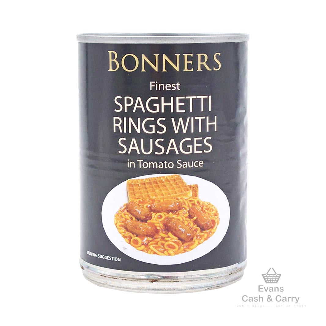 (BBE 03/25) Bonners Spaghetti Rings With Sausages in Tomato Sauce (395g) (£1.20 each or 3 for £3.30)