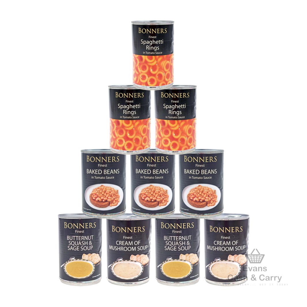 Bonners Winter Warmer Bundle - 2x (BBE 12/24) Cream of Mushroom Soup (400g) / 2x (BBE 03/25) Butternut Squash & Sage Soup (400g) / 3x (BBE 05/26) Baked Beans (400g) / 3x (BBE 10/26) Spaghetti Rings (395g)