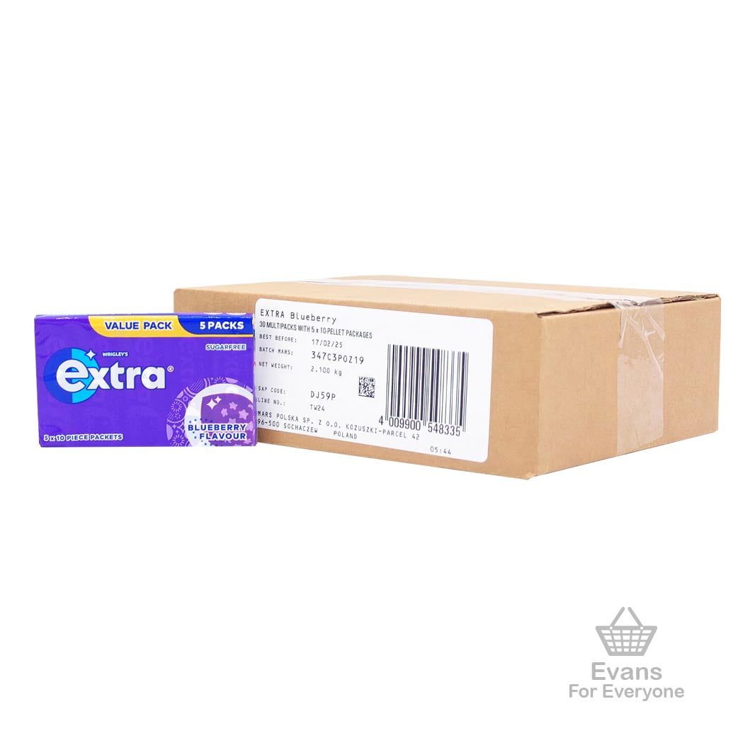 (BBE 17/02/25) CASE of 30x Extra Gum Sugar Free - Blueberry 5x10 Pcs (30x70g)