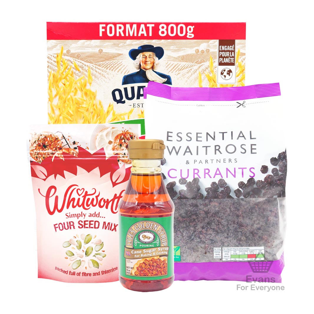 Healthy Flapjack Bundle - Essential Waitrose Currants (1Kg) + Whitworths Four Seed Mix (150g) + Lyle's Squeezy Golden Syrup (454g) + Quaker Oats (800g)