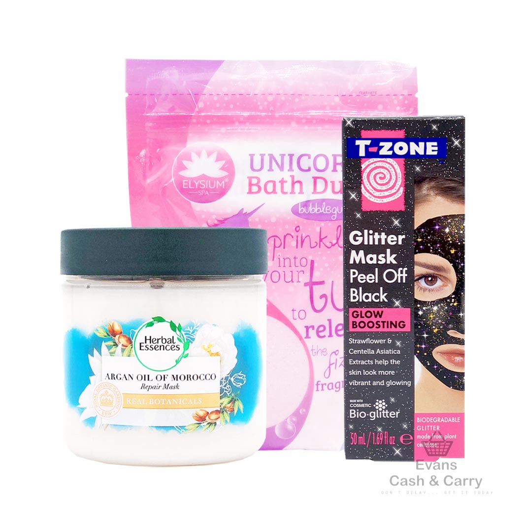 Self Care Bundle - (Herbal Essences Argan Oil Morocco Repair Mask (350ml), T-Zone Peel Off Mask - Black Glitter (50ml), Elysium Unicorn Bath Dust - Bubblegum (400g))