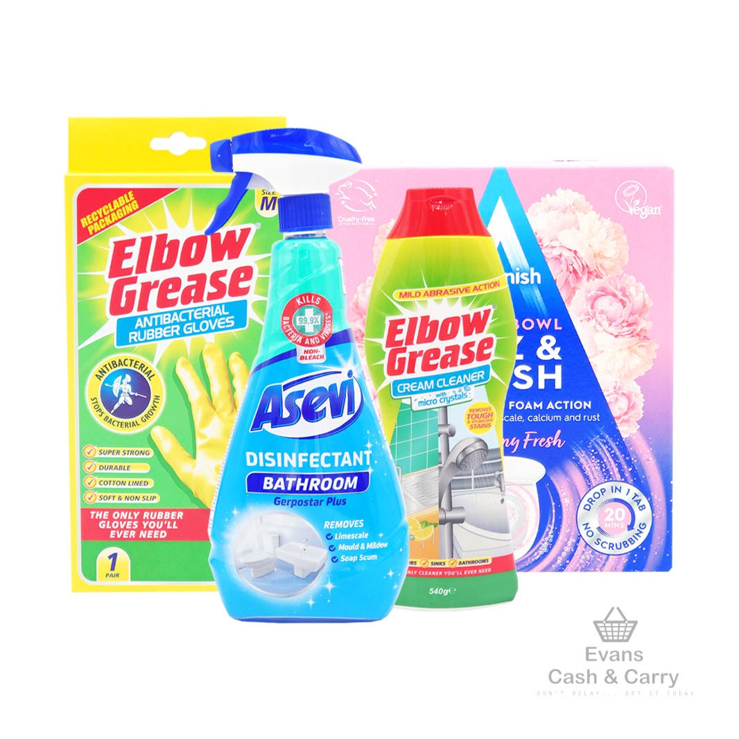 Sparkling Bathroom Bundle - (Elbow Grease Cream Cleaner - Lemon (540g) / Asevi Bathroom Spray (720ml) / Astonish Toilet Tabs - Pink Peony (8pk) / Elbow Grease Gloves - Med)