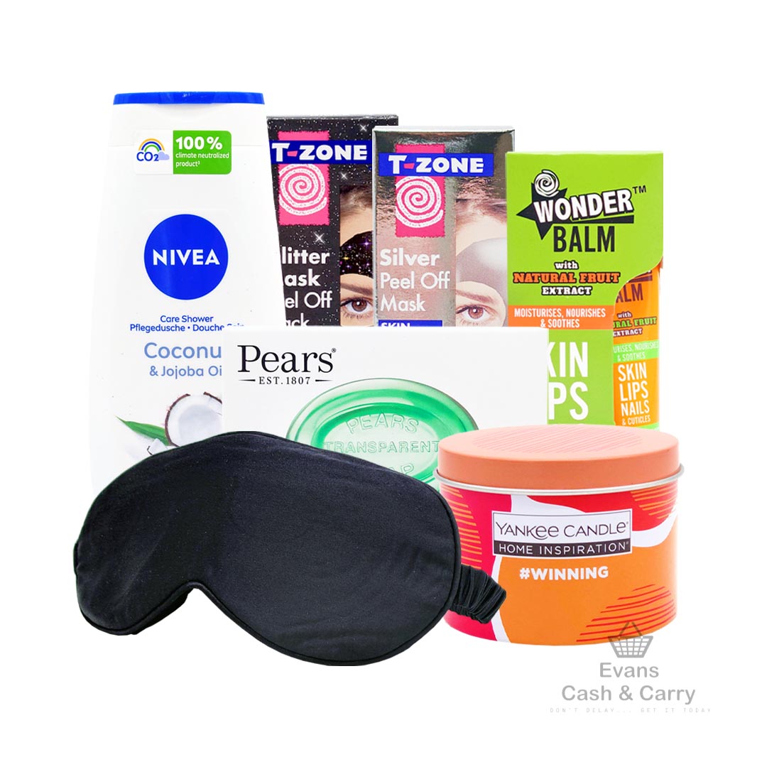 Ultimate Self Care Bundle - (Yankee #Winning Candle / T-Zone Peel Off Mask - 1x Black Glitter & 1x Silver / Nivea Shower Creme - Coconut & Jojoba Oil (250ml) / Pears Soap - Lemon Flower / Wonder Balm - Original / Black Silk Eye Mask)